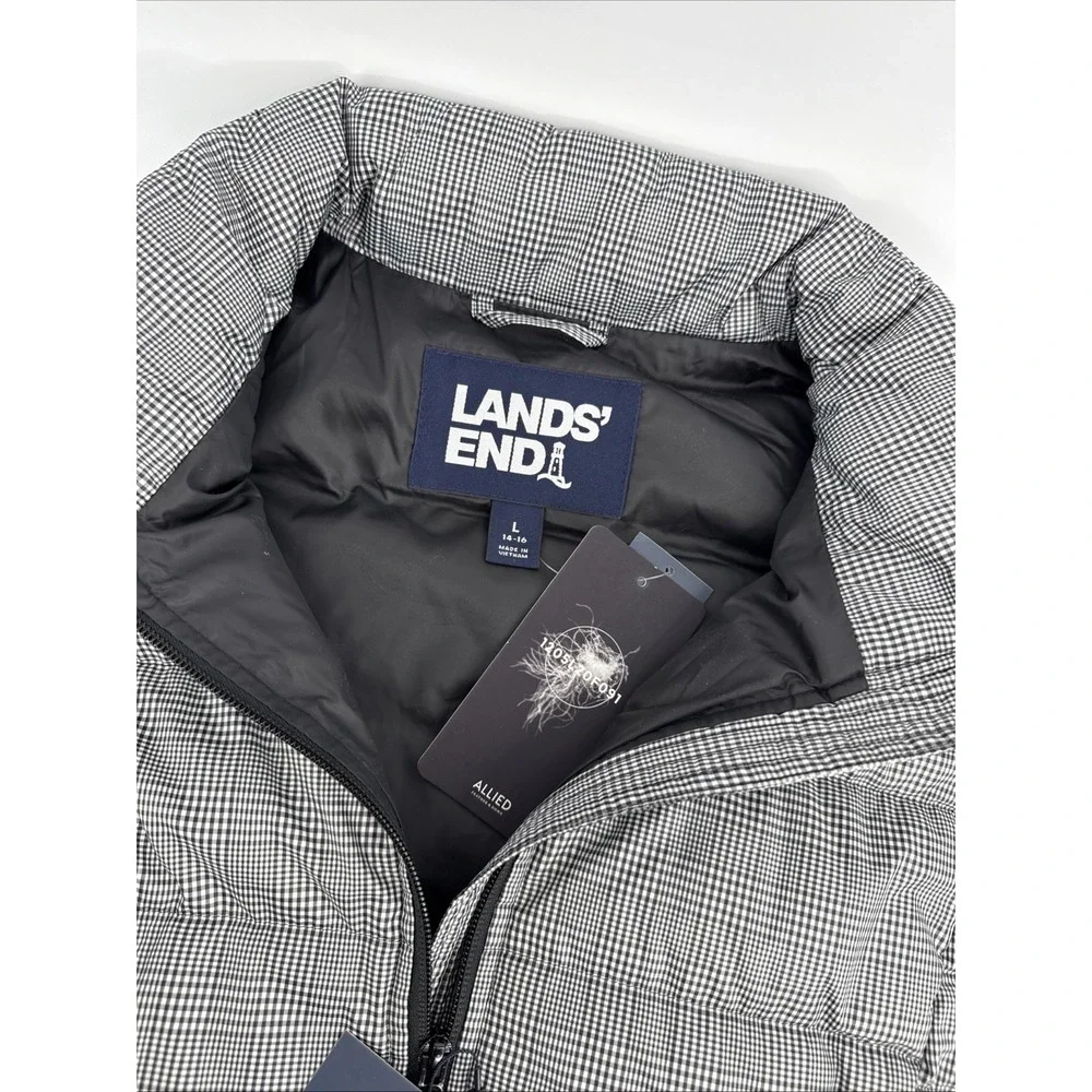 Lands End Vest Women L Down‎ Puffer 600 Fill Water Resistant Black Check Outdoor